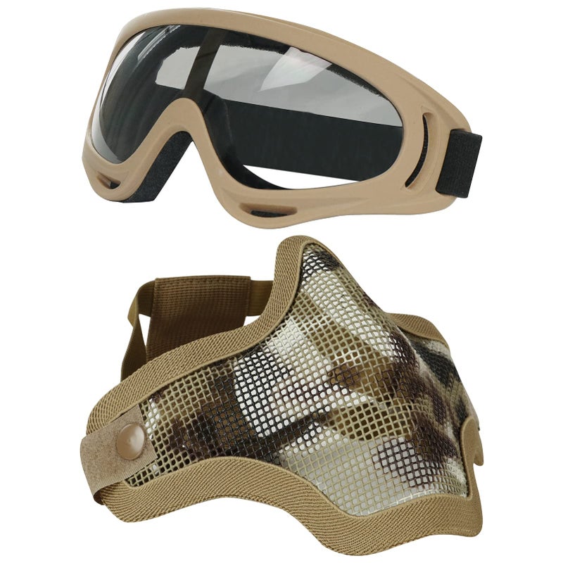 Aoutacc Airsoft Half Face Mask Steel Mesh and Goggles Set, Tactical Masks Protection Gear for Paintball BBS CS Nerf Game Cosplay Halloween Costume Accessories (Tan Camo) - Image 1